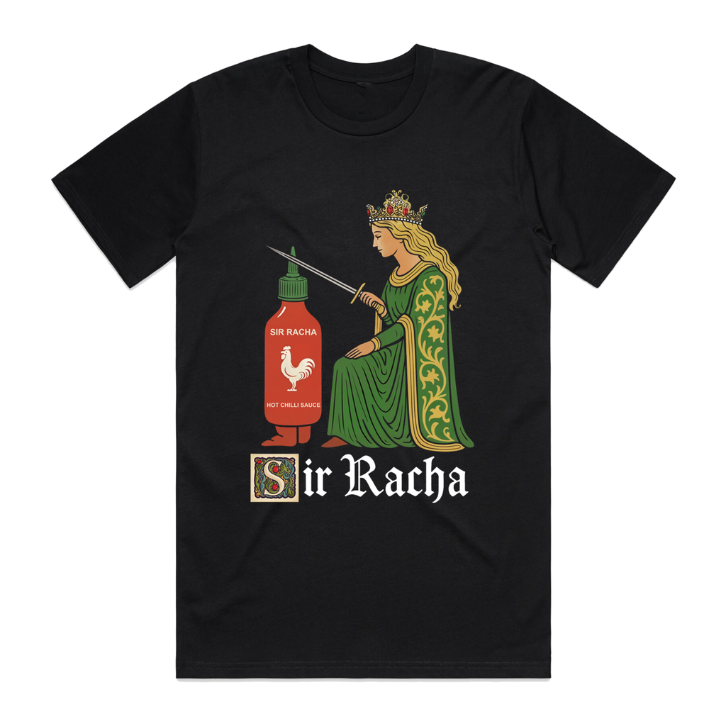 Black t-shirt with a graphic of a woman in a green dress holding a sword next to a bottle of Siracha sauce on a white background.