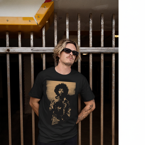 DR.MOOSE BYRON BAY JIMI HENDRIX SEPIA ON BLACK BAND MUSIC T-SHIRT