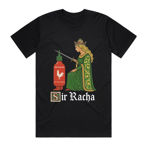 Black t-shirt with a graphic of a woman in a green dress holding a sword next to a bottle of Siracha sauce on a white background.