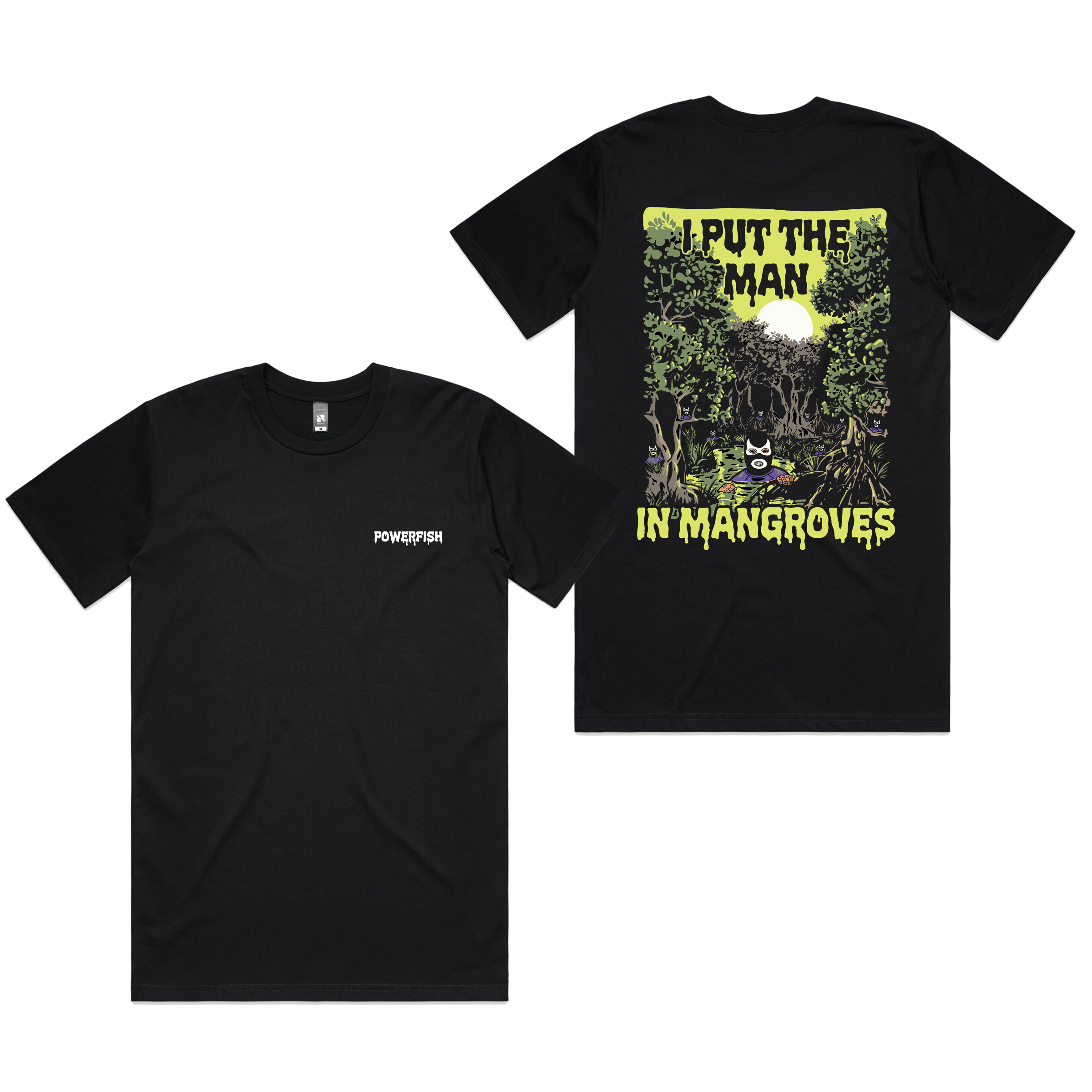 Dr.Moose T-Shirts black Powerfish Man in Mangroves funny fishing T-Shirt