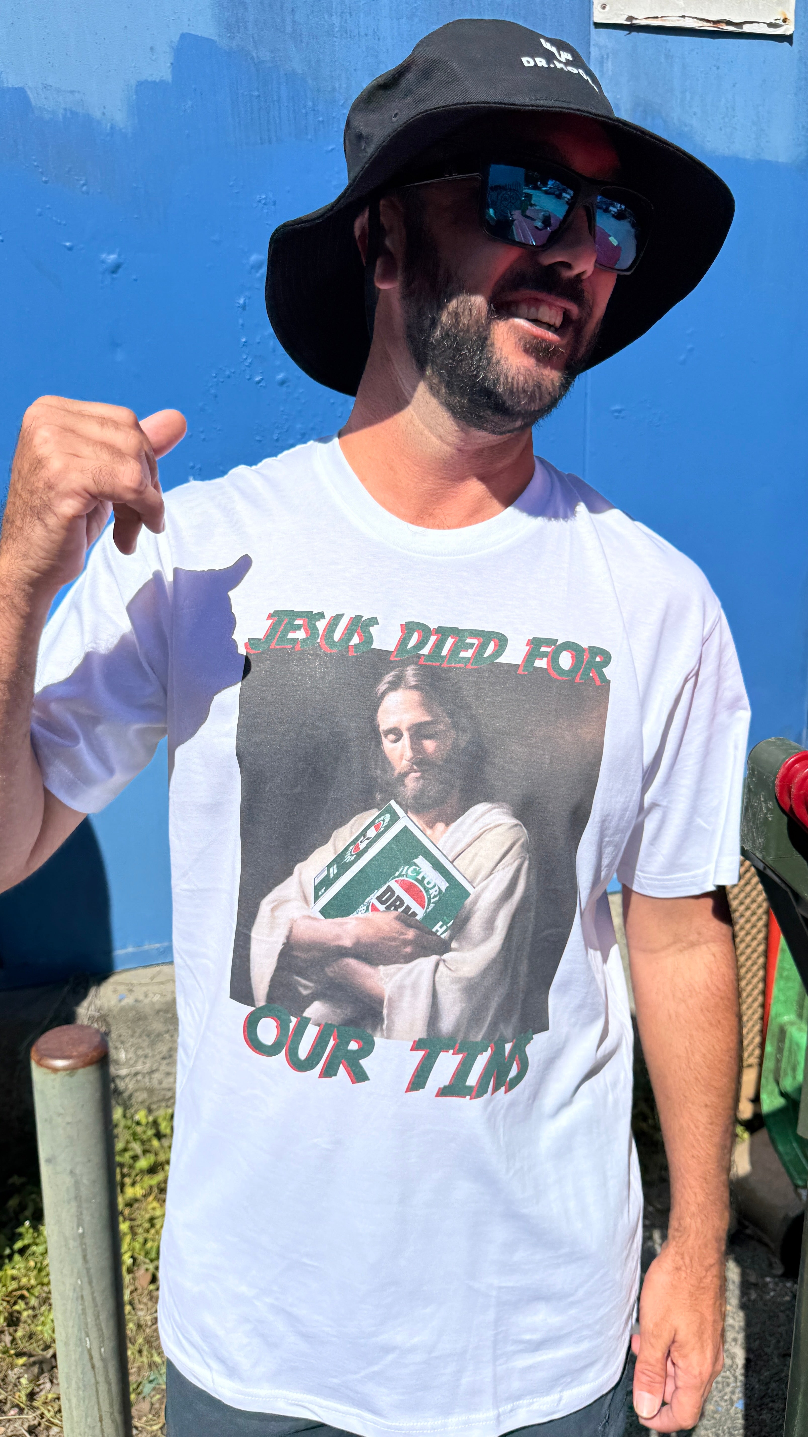 Dr.Moose T-Shirts T-Shirt Jesus Died For Our Tins T-Shirt